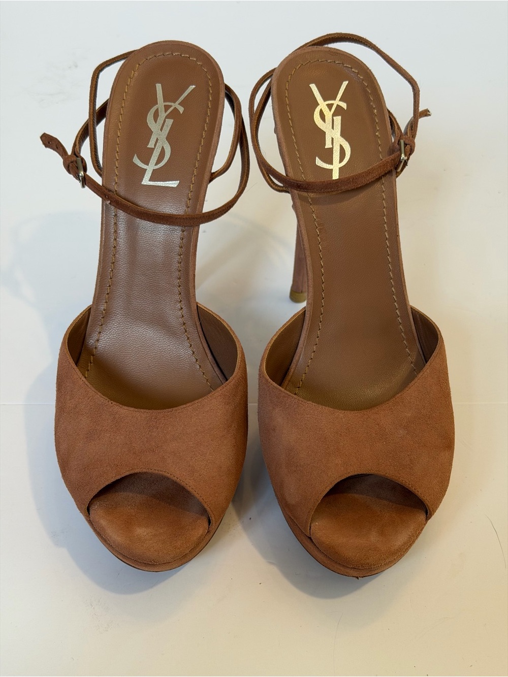 β¨authenticβ¨ Yves Saint Laurent Tan Suede Peep-Toe Ankle Strap Heels